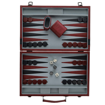 WE Games Burgundy/Black Leatherette Backgammon Set, 14.75 x 9.75 in. closed
