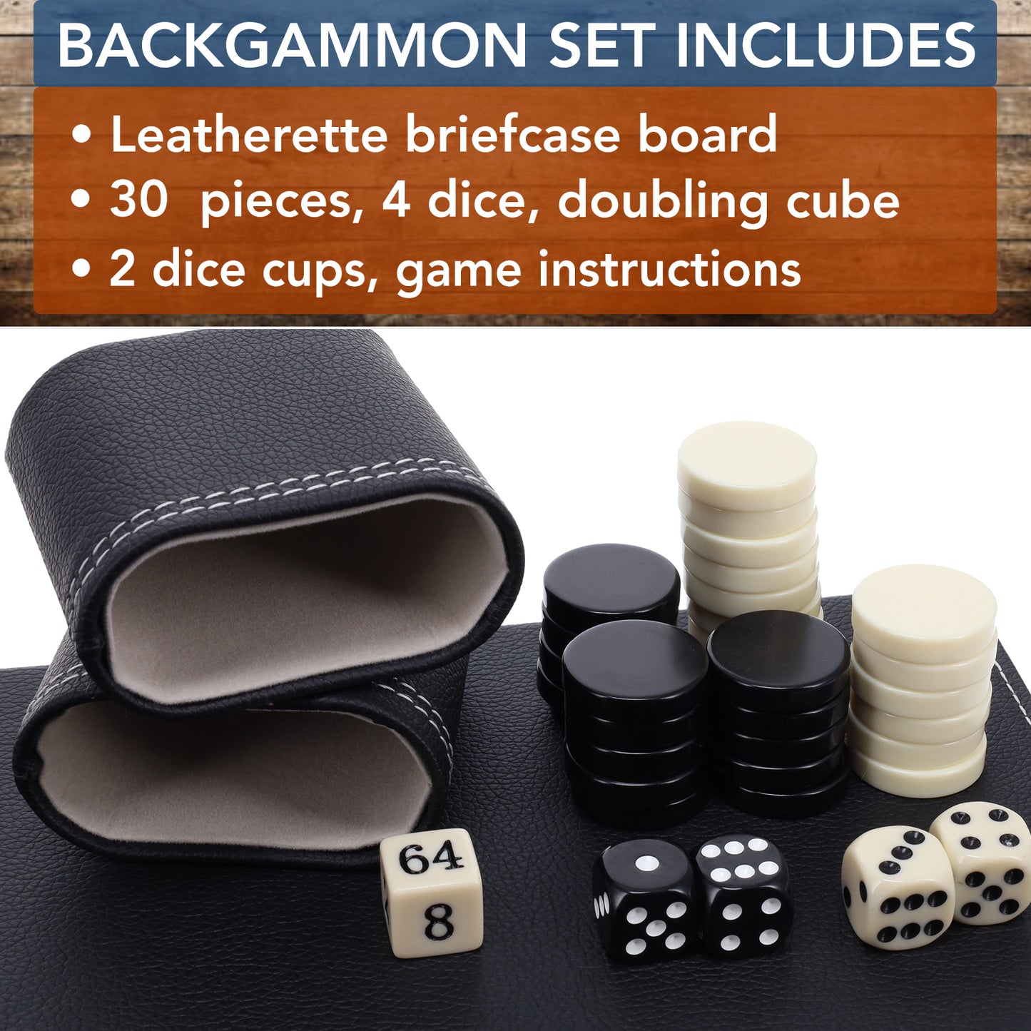 Elegant Black Leatherette Backgammon Set, 18 x 11 in.