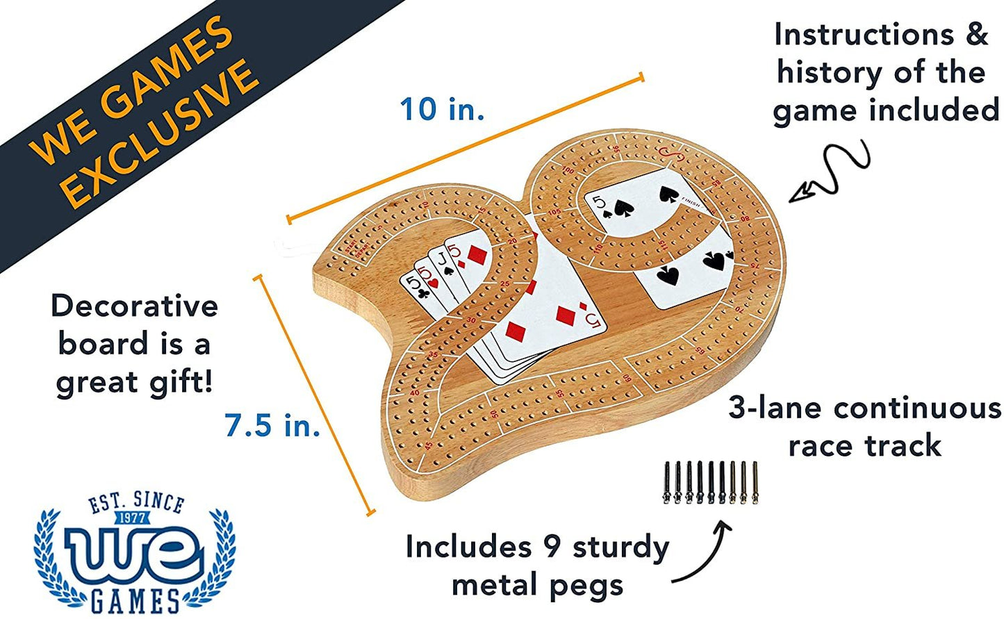 WE Games 29 Cribbage Set - Solid Wood Board with Metal Pegs