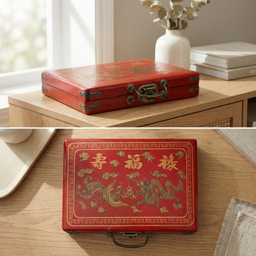 WE Games Traditional Chinese Mahjong Set Travel Sized, Red Leatherette Travel Case with Ornate Dragon Design, 144 Tiles 24mm, Ivory Color Tiles