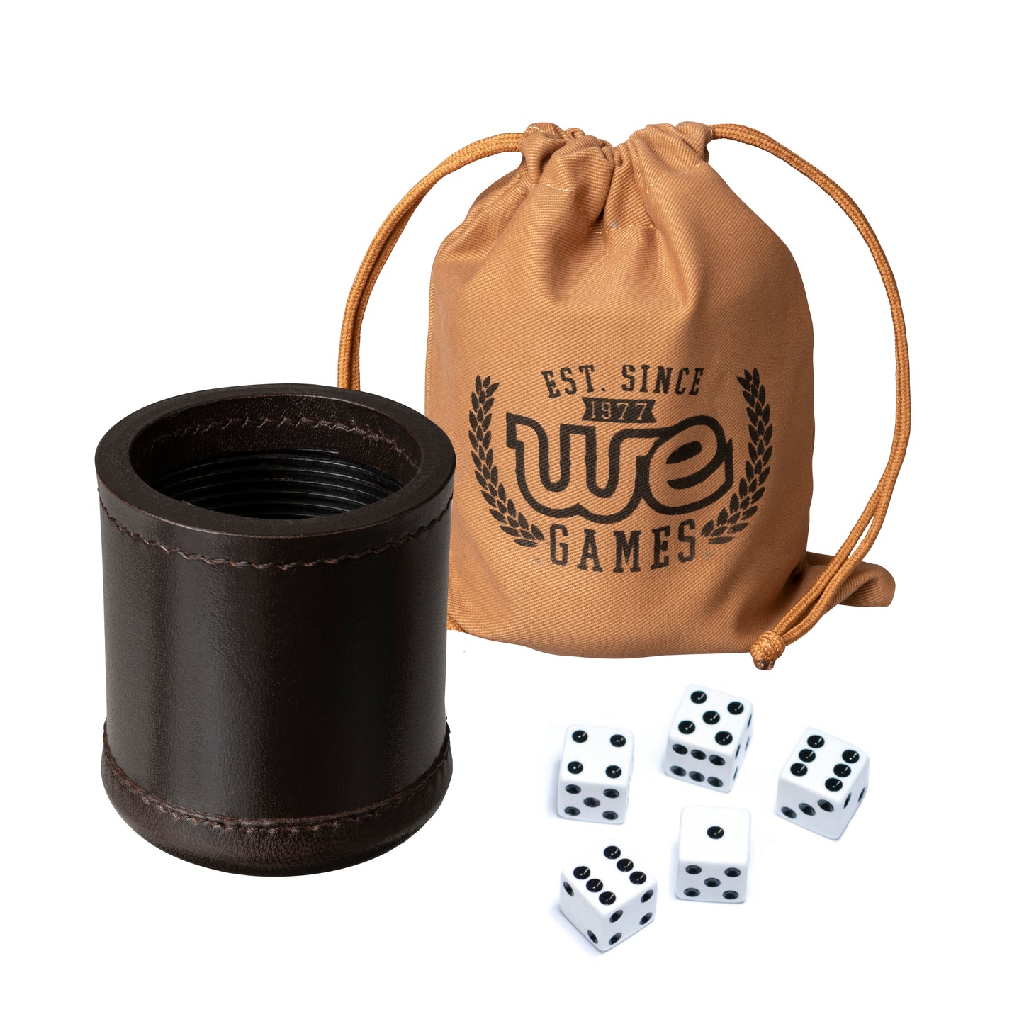 WE Games Professional, Leather Dice Cup Set - 5 Dice, Instructions for 10 Dice Games & Cloth Carry Bag