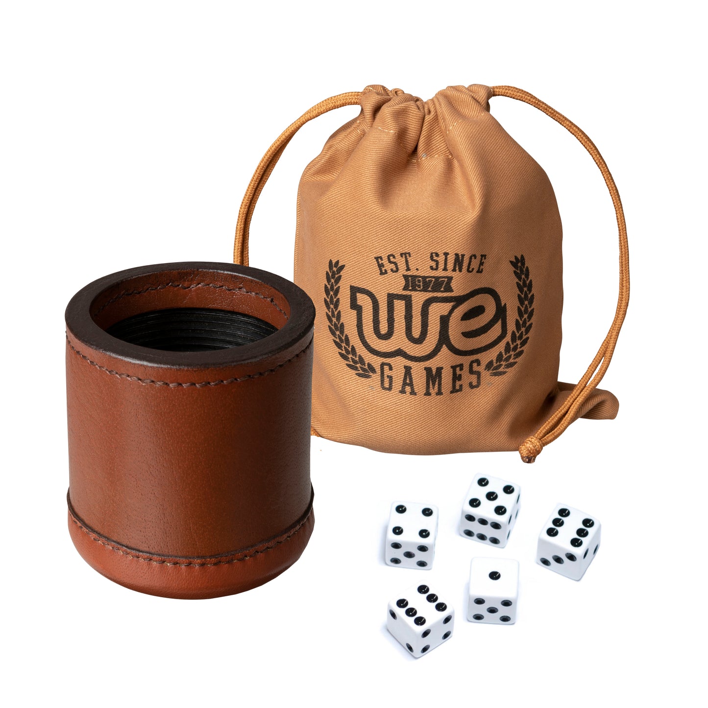 WE Games Professional, Leather Dice Cup Set - 5 Dice, Instructions for 10 Dice Games & Cloth Carry Bag