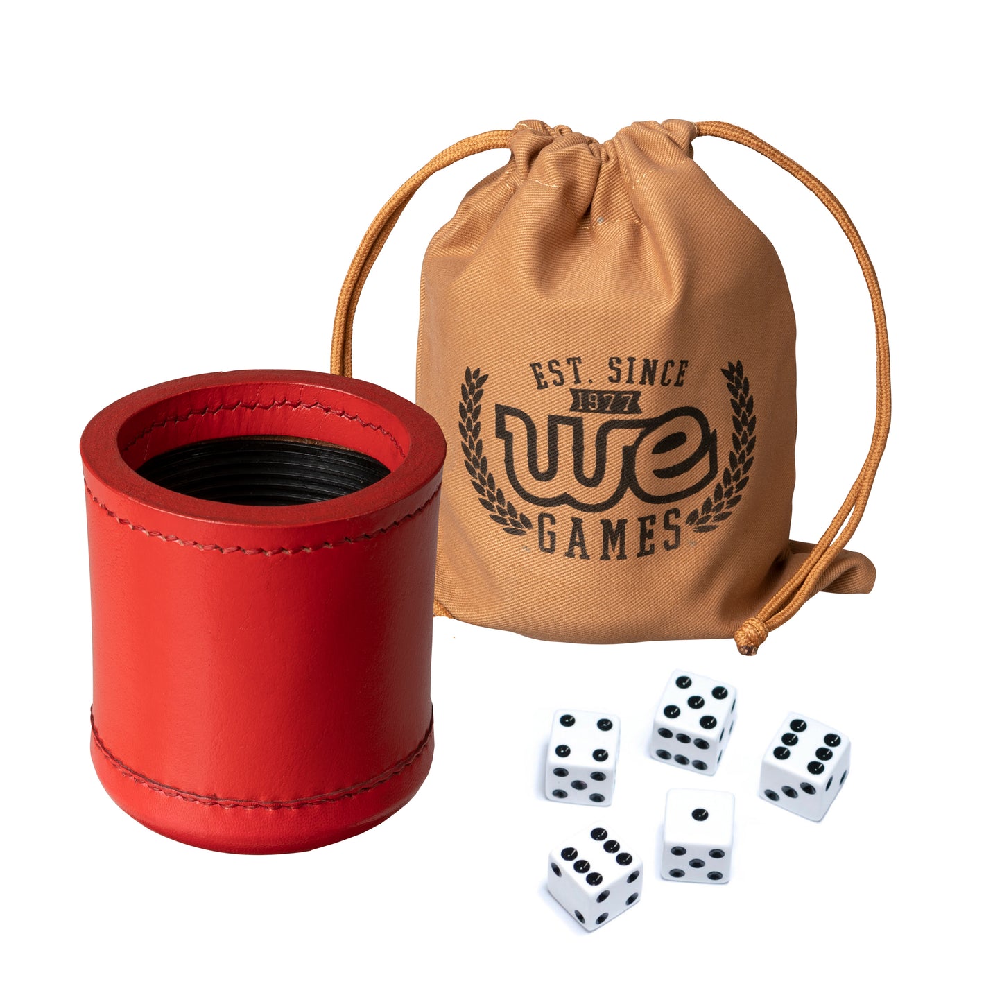 WE Games Professional, Leather Dice Cup Set - 5 Dice, Instructions for 10 Dice Games & Cloth Carry Bag