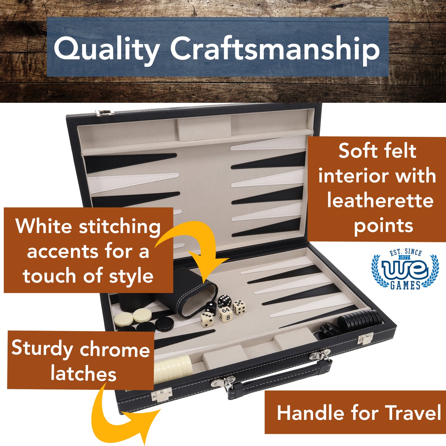 Elegant Black Leatherette Backgammon Set, 18 x 11 in.