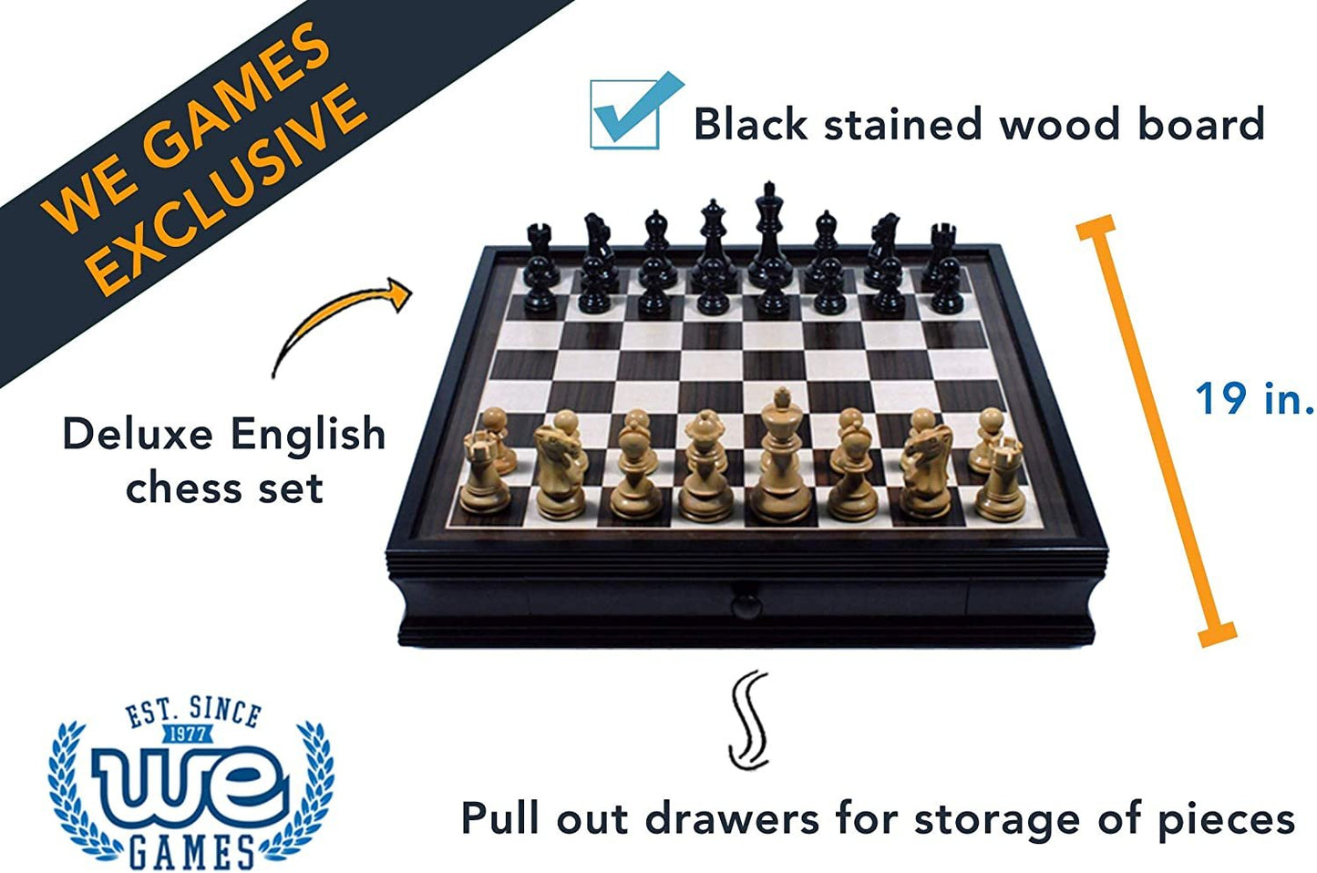Black stained wood board. Deluxe English chess set. 19 inches. Pull out drawers for storage of pieces.