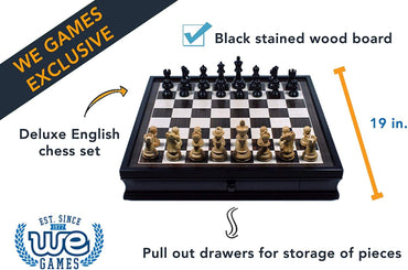 Black stained wood board. Deluxe English chess set. 19 inches. Pull out drawers for storage of pieces.