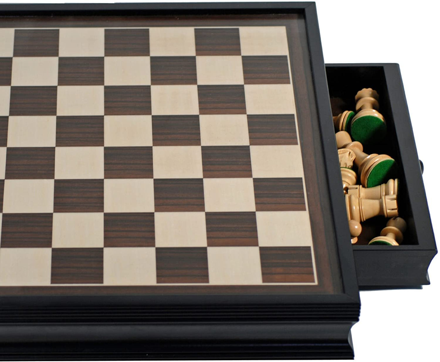 Black Stained Wood Board drawer opened with Kari Wood chessmen inside.