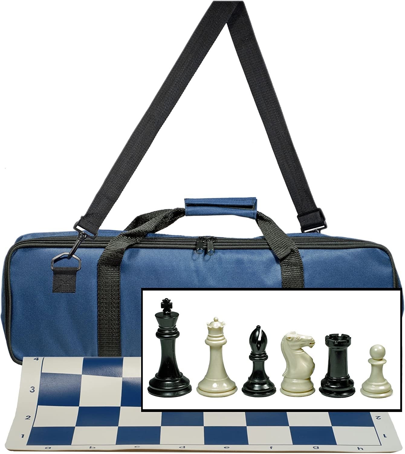 Ultimate Tournament Chess Set with NEW Blue Silicone Chess Mat, Blue Canvas Bag & Super Triple Weighted Chessmen with 4" King