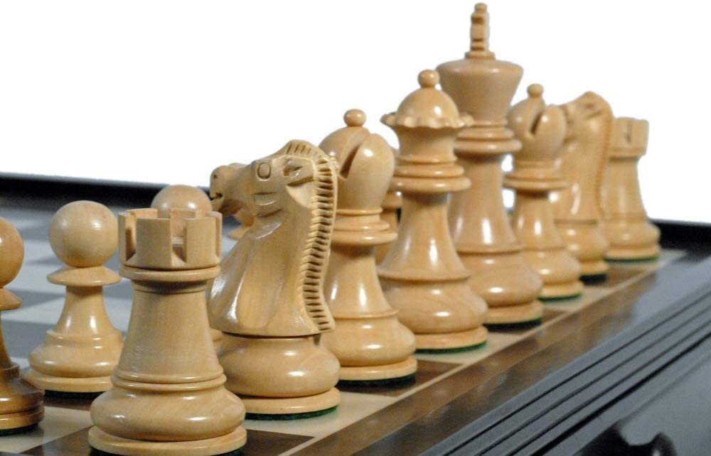 Zoomed in on Kari Wood chess pieces on chess board.