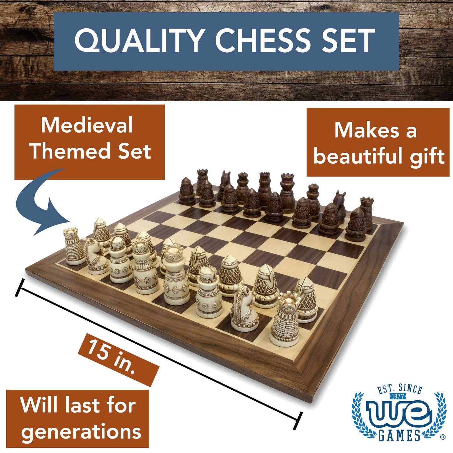 WE Games Medieval Themed Chess Set - 15 in. Wood Board, 2.185 in. King