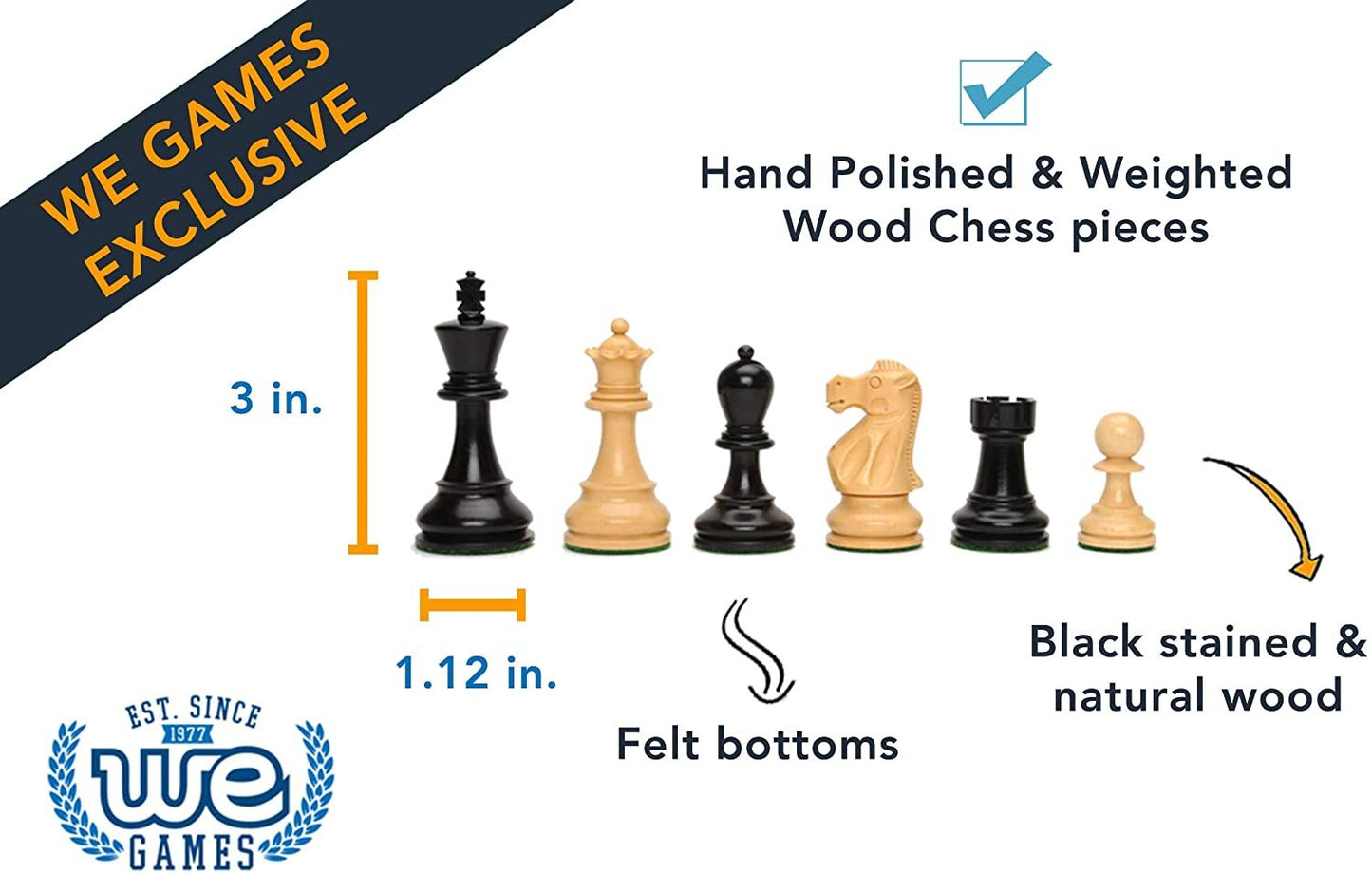 WE Games Jacques Style Chess Pieces, Weighted with 3.375 in. King