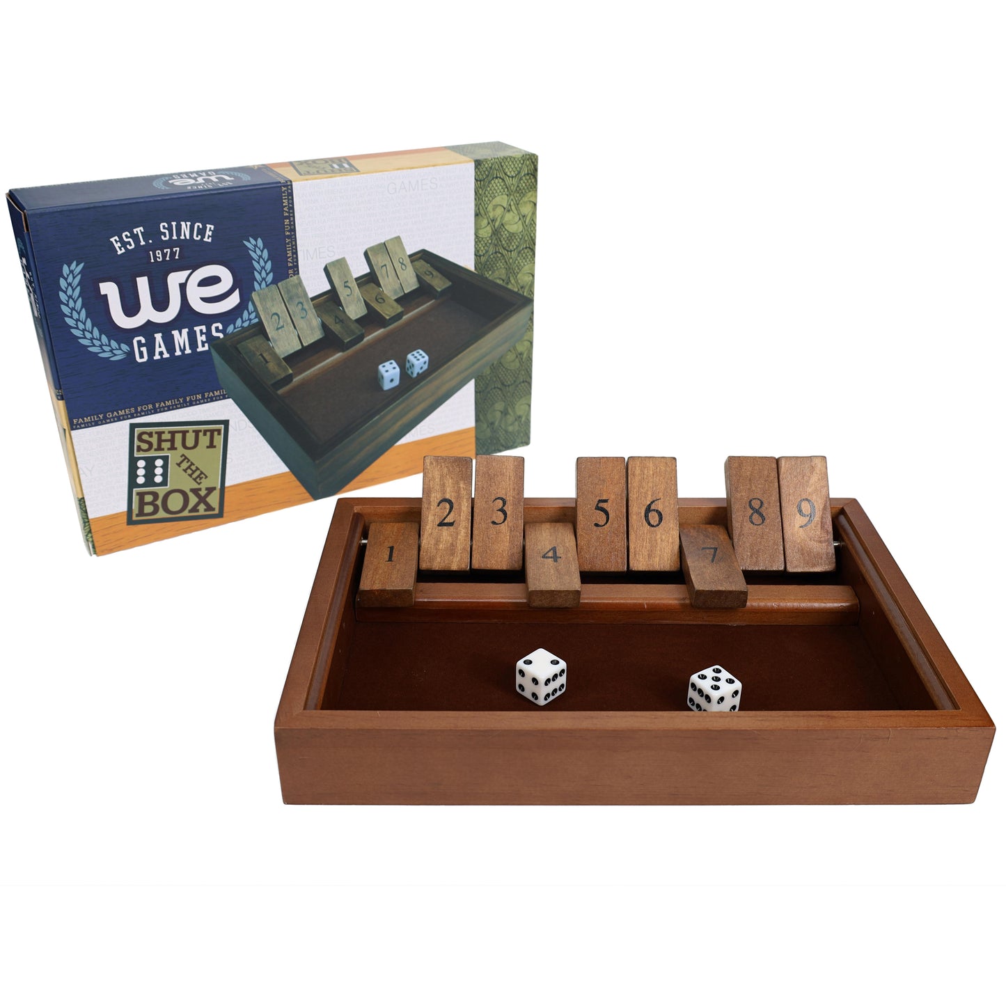 WE Games 9 Number Shut the Box Board Game with Walnut Stained Wood, 11 in.