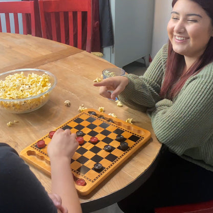 WE Games 14.5 in. Red and Black Solid Wood Checkers Set, Grooves in Board