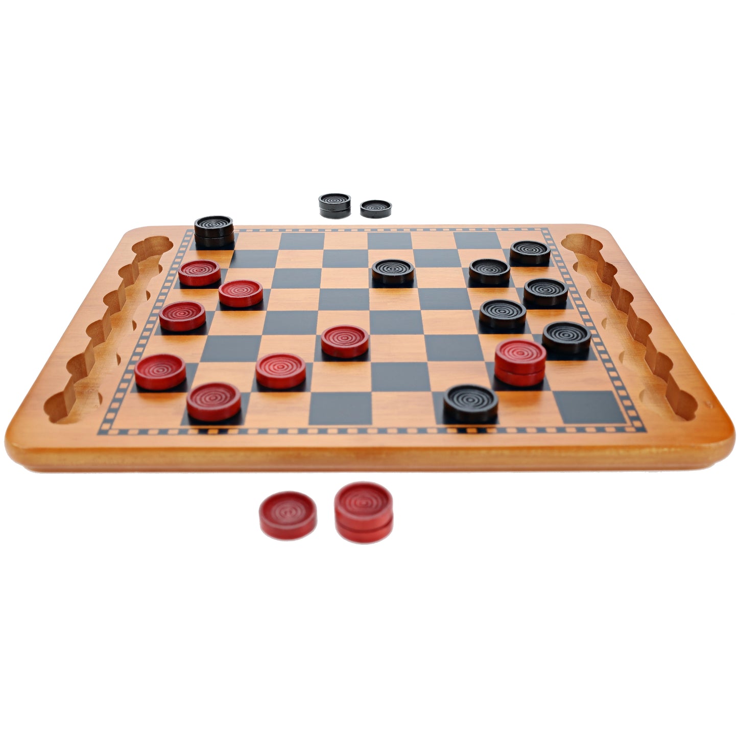 WE Games 14.5 in. Red and Black Solid Wood Checkers Set, Grooves in Board