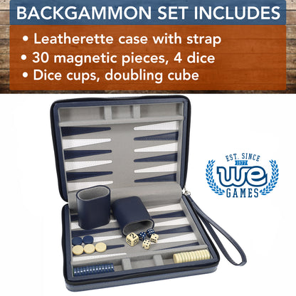 WE Games Magnetic Backgammon Set with Leatherette Case and Carrying Strap - Travel Size