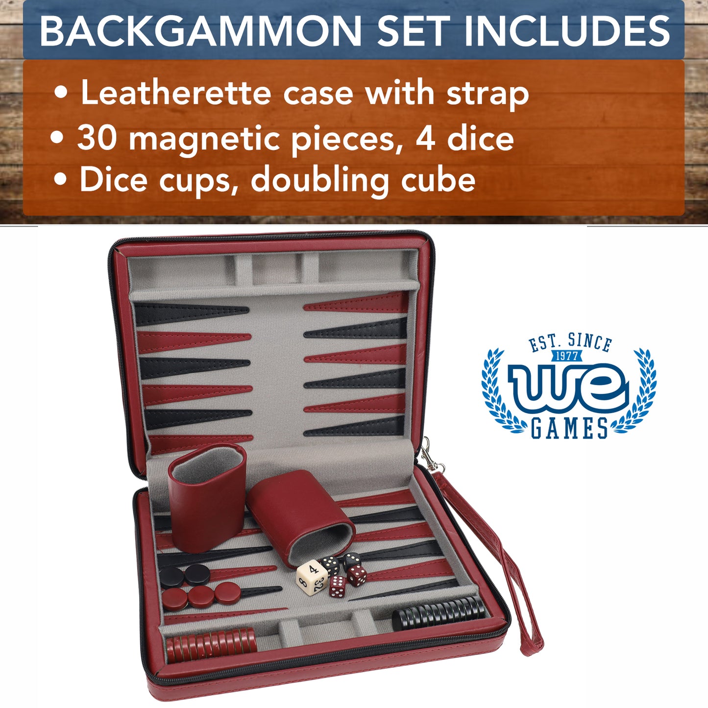 WE Games Magnetic Backgammon Set with Leatherette Case and Carrying Strap - Travel Size