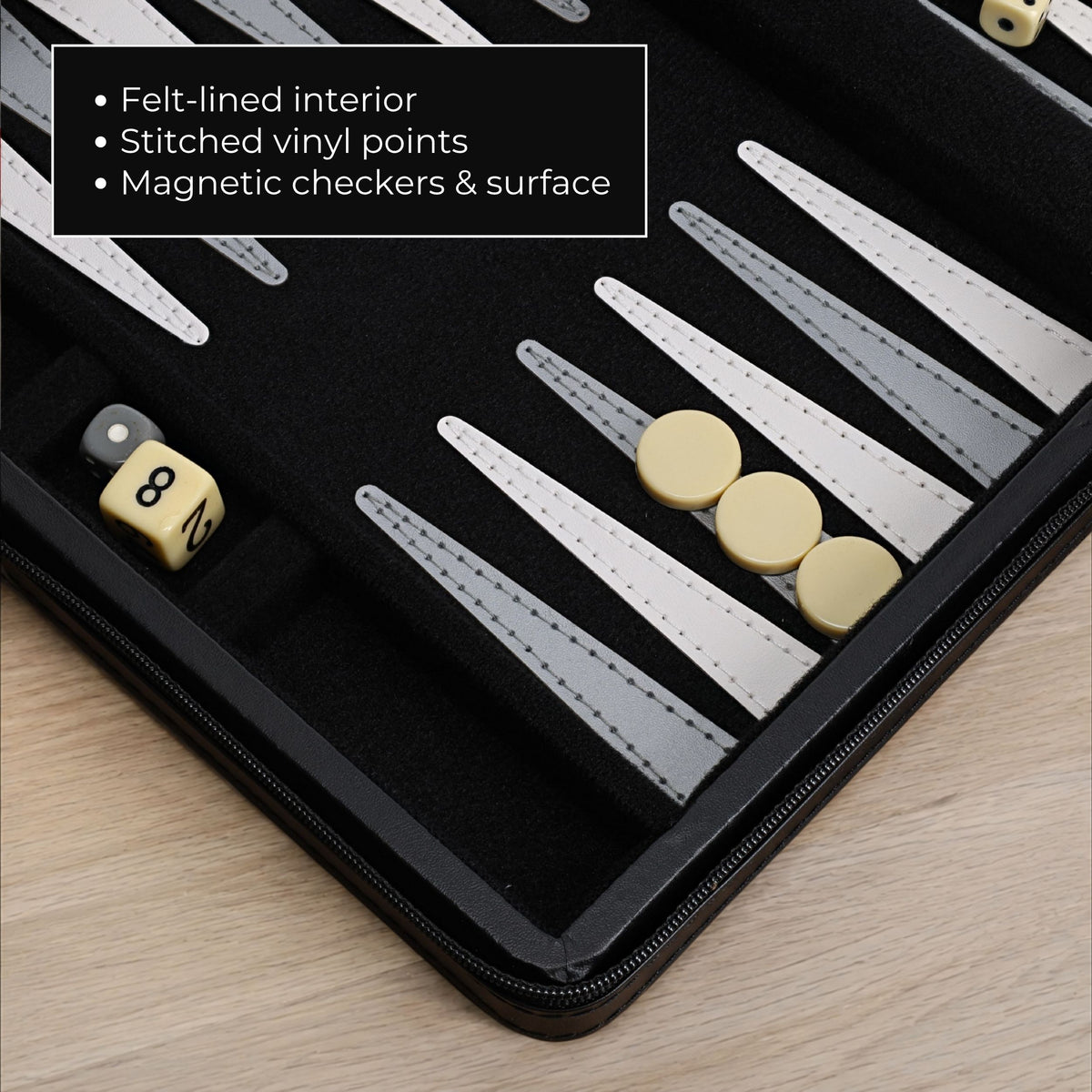 Close-up of a backgammon set in a black zip case on a light wood surface, with a text box noting felt-lined interior, stitched vinyl points, and magnetic checkers.