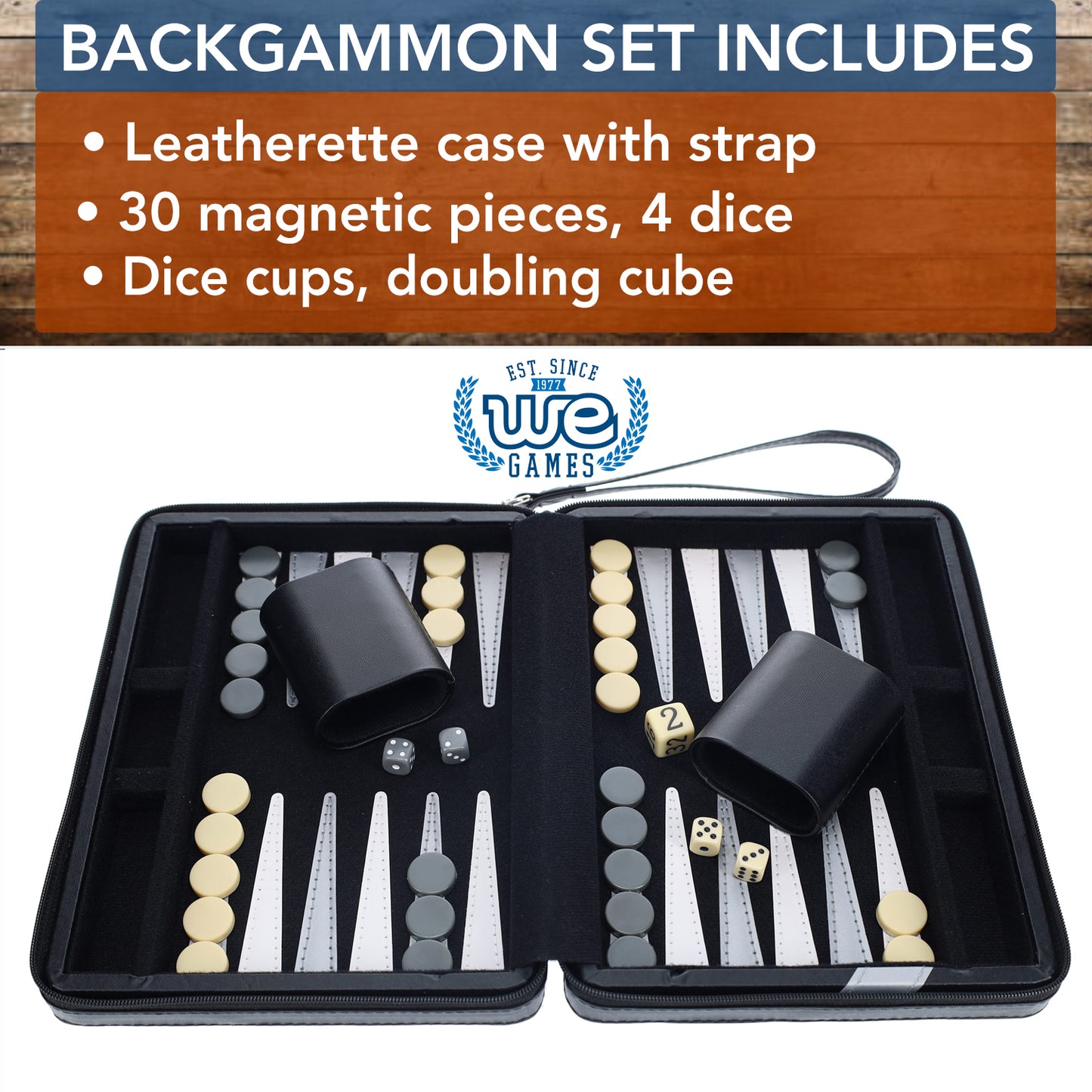 WE Games Magnetic Backgammon Set with Leatherette Case and Carrying Strap - Travel Size