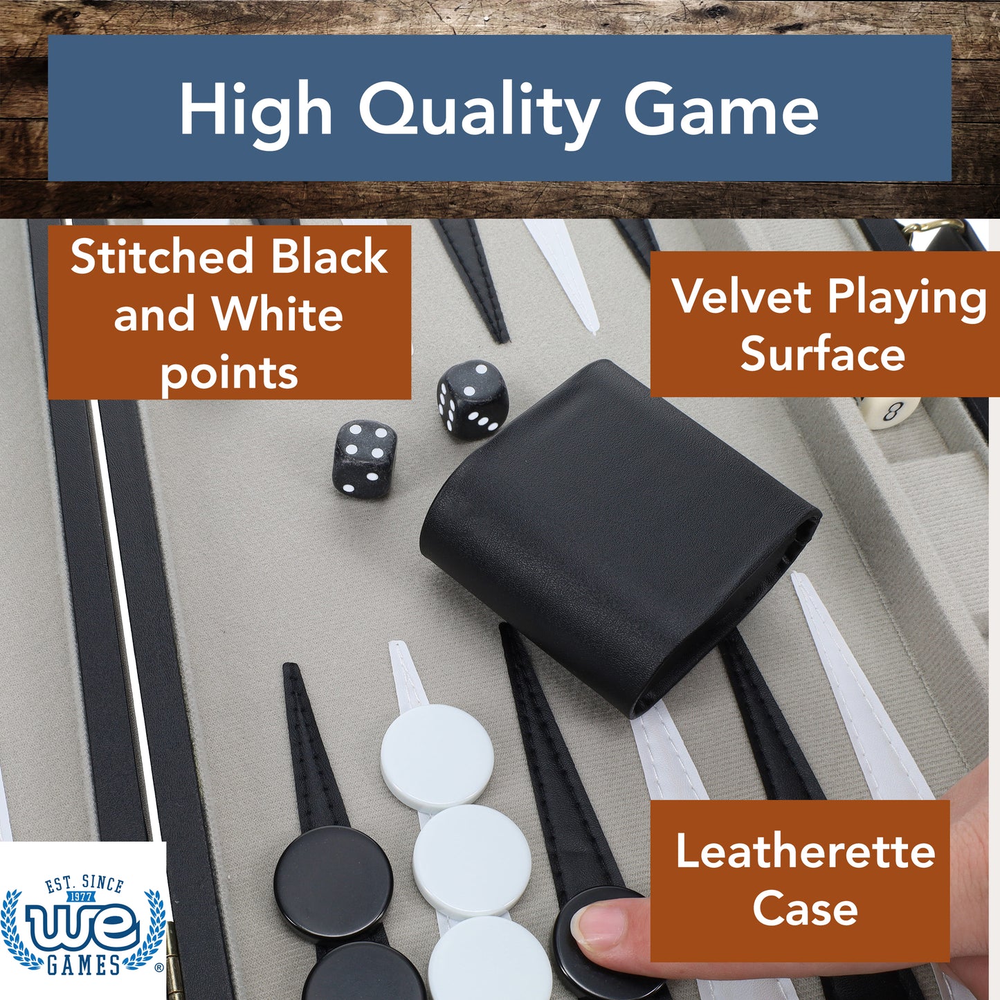 WE Games Black Leatherette Backgammon Set, 14.75 x 9.75 in. closed