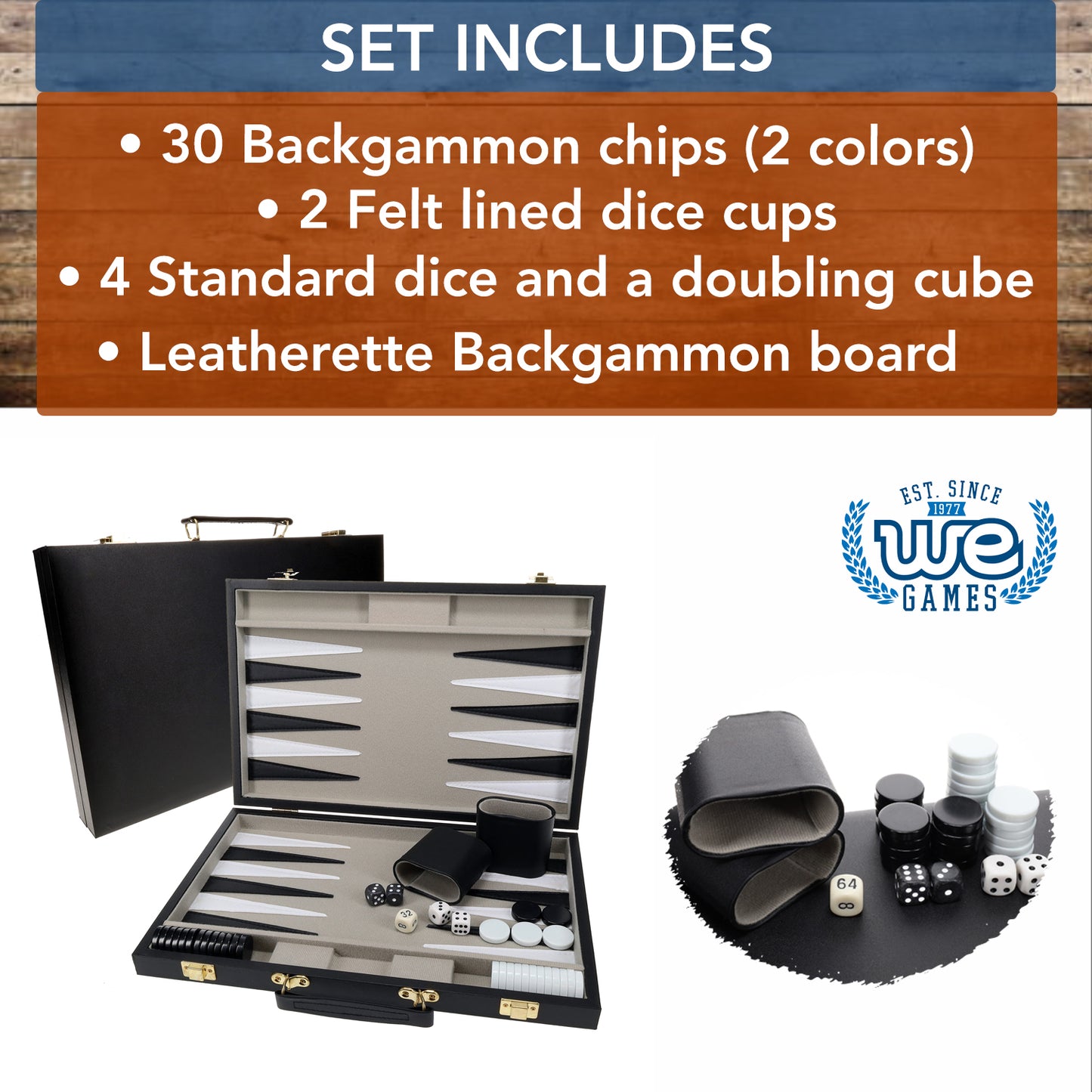 WE Games Black Leatherette Backgammon Set, 14.75 x 9.75 in. closed