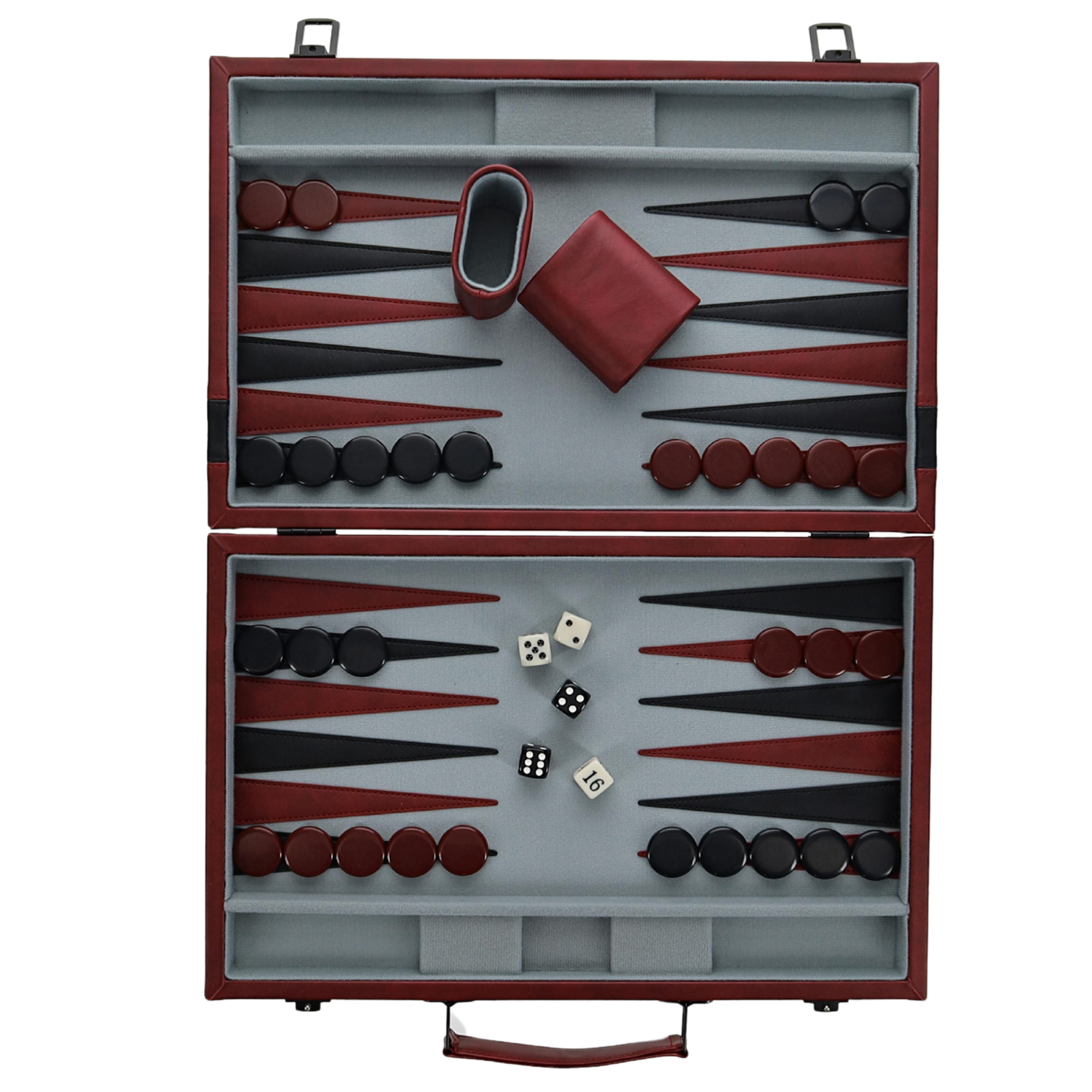 WE Games Burgundy/Black Leatherette Backgammon Set, 14.75 x 9.75 in. closed