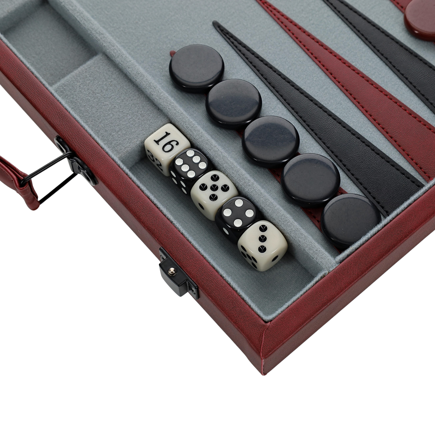 WE Games Burgundy/Black Leatherette Backgammon Set, 14.75 x 9.75 in. closed