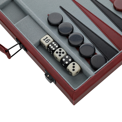 WE Games Burgundy/Black Leatherette Backgammon Set, 14.75 x 9.75 in. closed