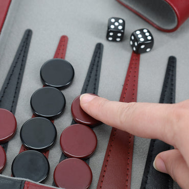 WE Games Burgundy/Black Leatherette Backgammon Set, 18 x 11 in. closed