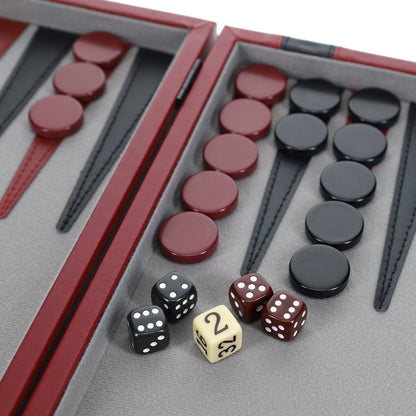 WE Games Burgundy/Black Leatherette Backgammon Set, 14.75 x 9.75 in. closed