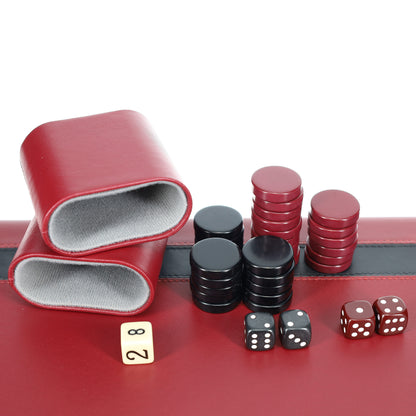 WE Games Burgundy/Black Leatherette Backgammon Set, 14.75 x 9.75 in. closed