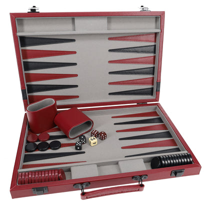 WE Games Burgundy/Black Leatherette Backgammon Set, 14.75 x 9.75 in. closed