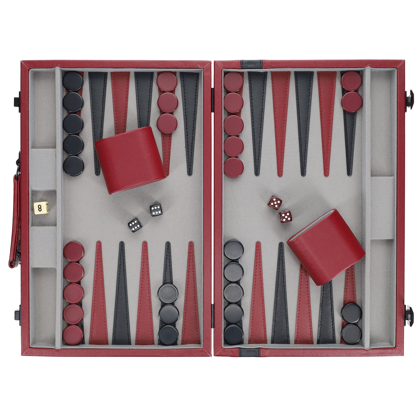 WE Games Burgundy/Black Leatherette Backgammon Set, 14.75 x 9.75 in. closed