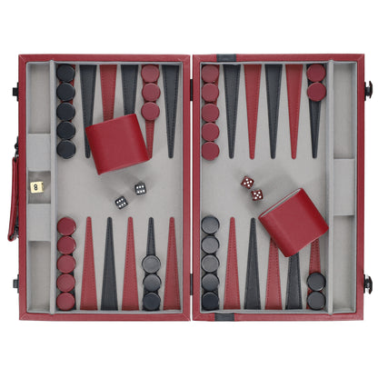 WE Games Burgundy/Black Leatherette Backgammon Set, 14.75 x 9.75 in. closed