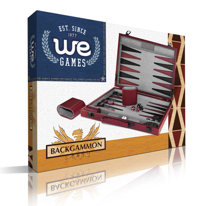 WE Games Burgundy/Black Leatherette Backgammon Set, 14.75 x 9.75 in. closed