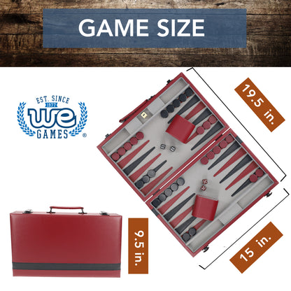 WE Games Burgundy/Black Leatherette Backgammon Set, 14.75 x 9.75 in. closed