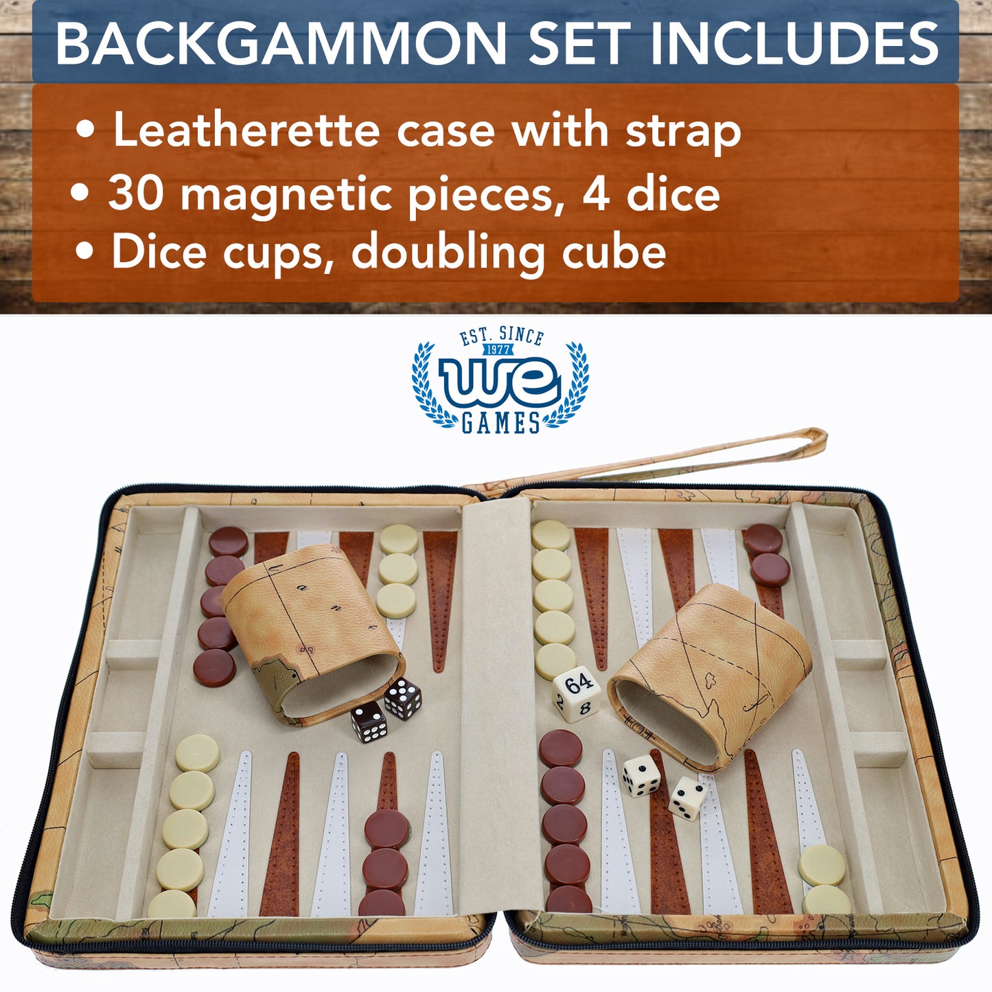 WE Games Magnetic Backgammon Set with Leatherette Case and Carrying Strap - Travel Size