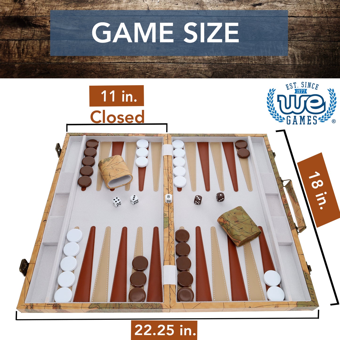 WE Games Tan Map Style Leatherette Backgammon Set, 18 x 11 in. closed