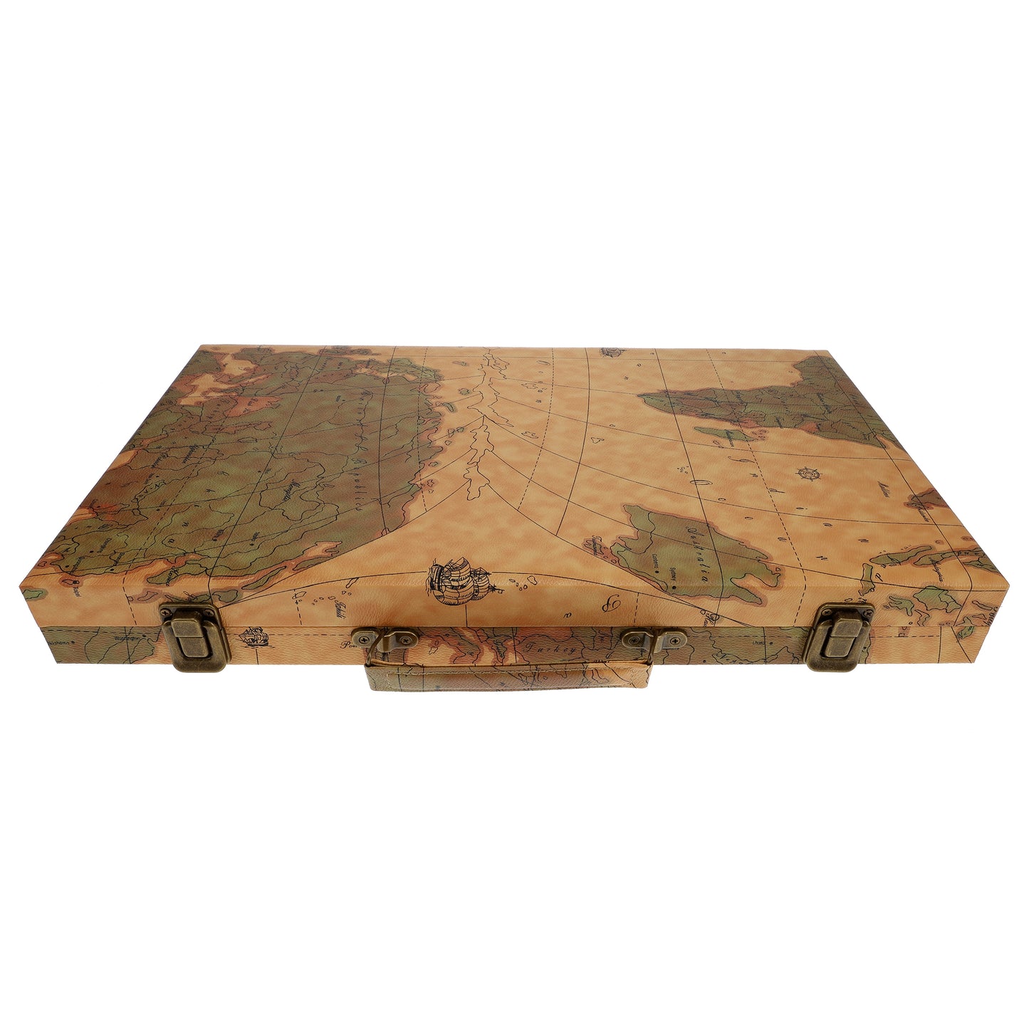 Tan Map Style Leatherette Backgammon Set, 14.75 x 9.75 in.