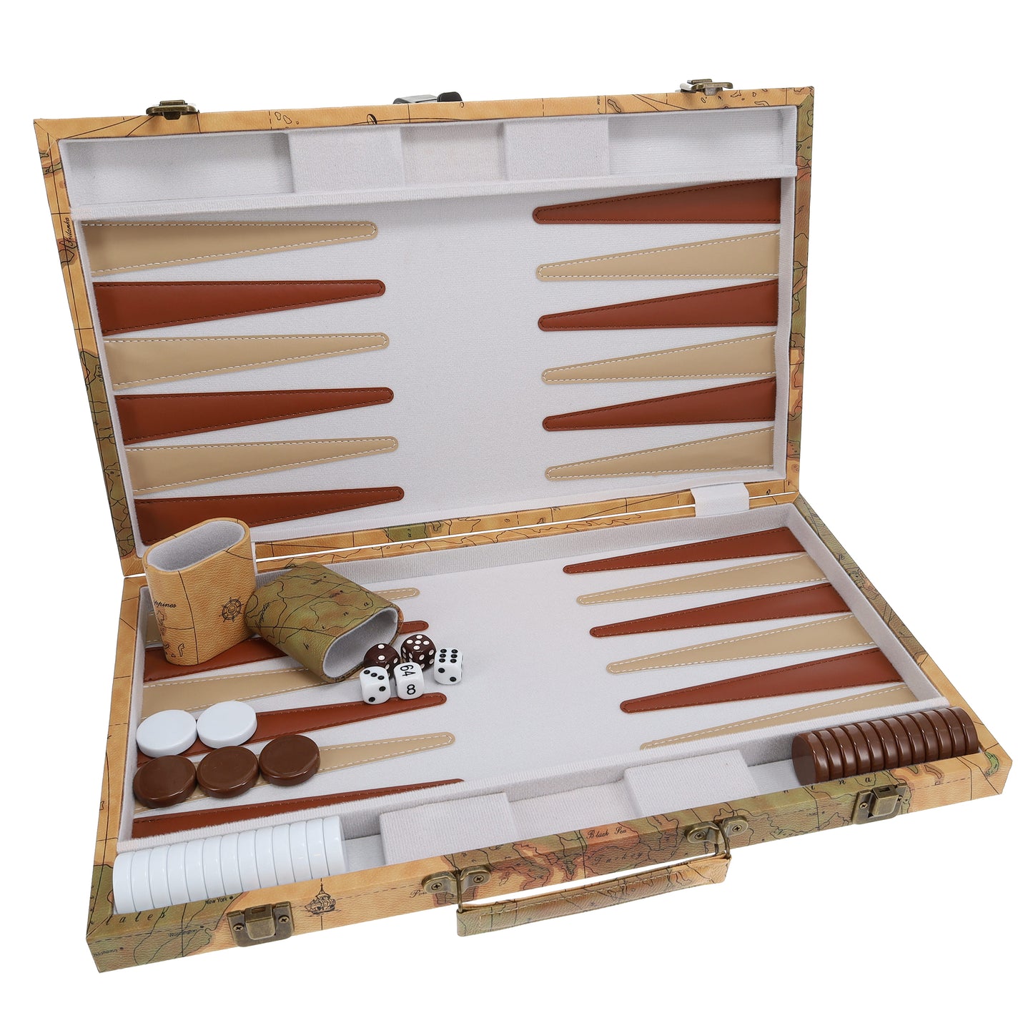 WE Games Tan Map Style Leatherette Backgammon Set, 18 x 11 in. closed