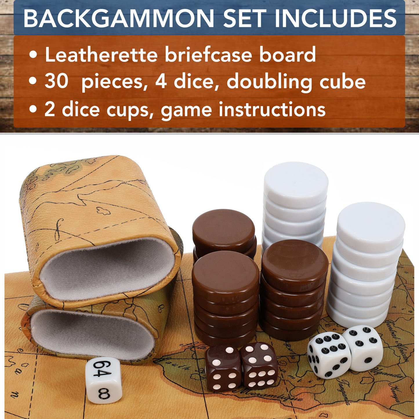 Tan Map Style Leatherette Backgammon Set, 14.75 x 9.75 in.