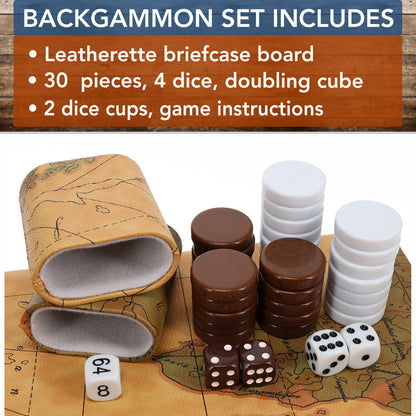 Tan Map Style Leatherette Backgammon Set, 14.75 x 9.75 in.