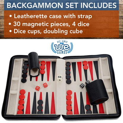 WE Games Magnetic Backgammon Set with Leatherette Case and Carrying Strap - Travel Size