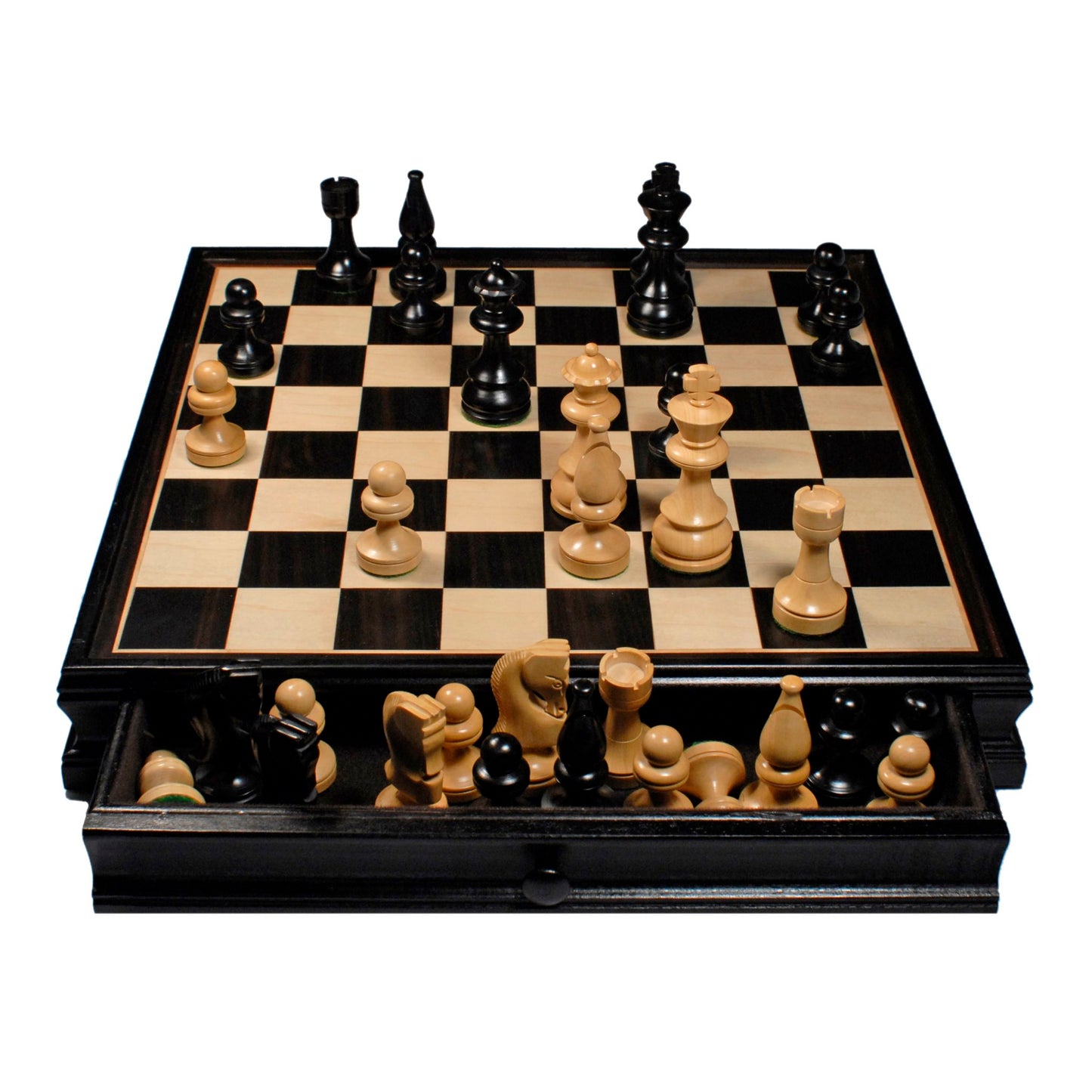 WE Games Russian Style Chess & Checkers Game Set - Weighted Chessmen & Black Stained Wood Board with Storage Drawers 15 in.