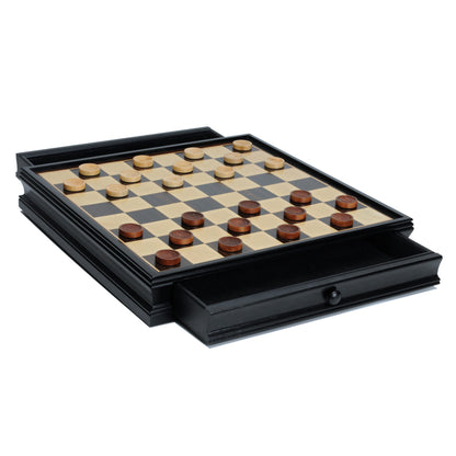 WE Games Russian Style Chess & Checkers Game Set - Weighted Chessmen & Black Stained Wood Board with Storage Drawers 15 in.