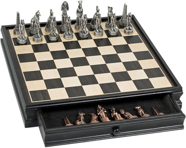 WE Games Egyptian Chess & Checkers Game Set - Pewter Chessmen & Black Stained Wood Board with Storage Drawers 15 in.