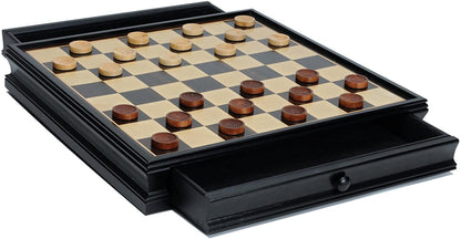 WE Games Egyptian Chess & Checkers Game Set - Pewter Chessmen & Black Stained Wood Board with Storage Drawers 15 in.