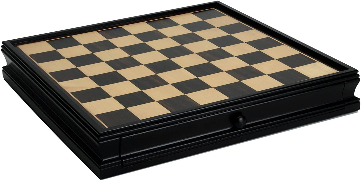 WE Games Egyptian Chess & Checkers Game Set - Pewter Chessmen & Black Stained Wood Board with Storage Drawers 15 in.