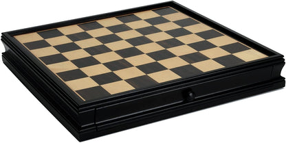 WE Games Egyptian Chess & Checkers Game Set - Pewter Chessmen & Black Stained Wood Board with Storage Drawers 15 in.