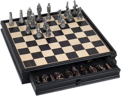 WE Games Fantasy Chess & Checkers Game Set - Pewter Chessmen & Black Stained Wood Board with Storage Drawers 15 in.