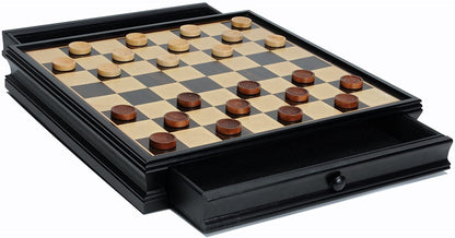 WE Games Chinese Qin Chess & Checkers Game Set - Pewter Chessmen & Black Stained Wood Board with Storage Drawers 15 in.